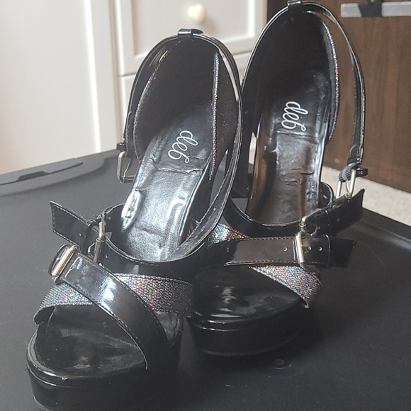 Black and Silver Glitter Open Toe Strap Heels - Picture 2 of 4